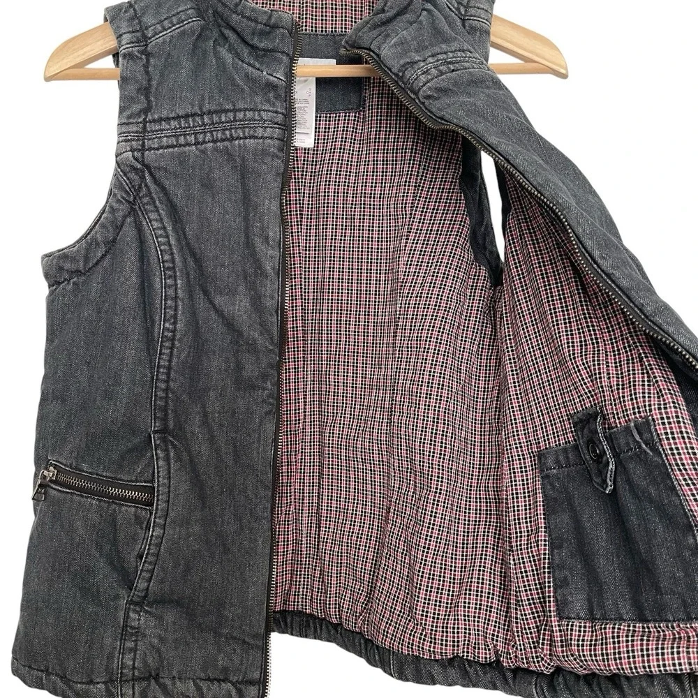 Liz Claiborne Denim Vest Womens S Grey Dark Wash Zip Up Plaid Lined Pockets